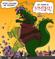 drawing giantess city color destruction rampage purple_hair angry godzilla parody dialogue no_background kaiju