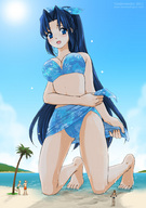 bikini drawing giantess color swimsuit blue_eyes wet torajimaneko kneeling swimwear seaside