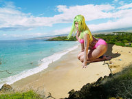 giantess collage swimsuit beach ocean green_hair unknown_artist kneeling sand sky looking_at_viewer nicki_minaj beach_goers