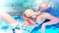 bikini drawing color swimsuit clothed blue_hair huge_breasts shrunken_men pool indoors closed_eyes