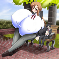 drawing color long_hair huge_breasts mini_giantess nylons food looking_at_viewer orange_hair agata