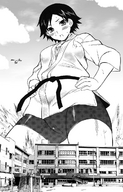 drawing giantess monochrome black_hair sweat short_hair playground outdoors hands_on_hips blackbelt