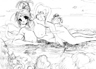 breasts drawing nude mega monochrome destruction smiling lying_down unknown_artist battle pencil_drawing earrings looking_at_tiny