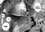 drawing giantess manga monochrome long_hair teasing looking_down looking_up eye_bandage wide_eyed
