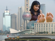 collage city mega barefoot water soles sitting skyscraper looking_at_viewer