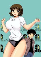 drawing small_man black_hair huge_breasts brunette short_hair mini_giantess shirt no_background bloomers uncomfortable