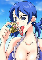 drawing blonde large_breasts long_hair swimsuit blue_eyes saliva blue_hair pigtails shrunken_woman outdoors imminent_vore