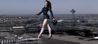 giantess long_hair high_heels drawing_collage walking short_skirt outdoors airport hat