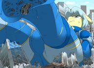 drawing giantess furry city color butt destruction blue_eyes clothed buildings blue_hair camel_toe lying_down looming hooves thighs outdoors grey_eyes ripped_clothing vehicle_crush my_little_pony khorme ultramare skintight_clothing yellow_skin