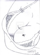drawing monochrome cleavage bra shrunken_man tattoo crossed_arms unosdays between_breasts