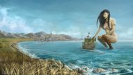 breasts drawing giantess dragoness ocean kneeling mountains sky ships scales simongangl