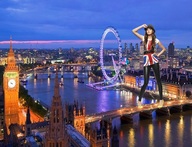 giantess collage city bridge water buildings brunette hat sunset looking_at_viewer clock_tower city_lights