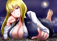 drawing giga city blonde color large_breasts destruction barefoot cleavage touhou red_eyes pantyshot moon lying_down cruel finger_crush night dirty_soles rumia dirty_fingertip exrumya