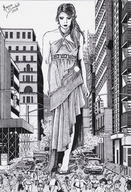 monochrome destruction barefoot brunette smiling marcos_snowbell dress foot_crush pencil_drawing crowds vehicle_crush looking_at_tiny strolling