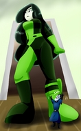 breasts drawing black_hair color long_hair low_angle gloves boots shrunken_men kim_possible shego unaware shrunken_man indoors disney belt riadorana drakken pale_skin skintight_clothing