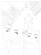 drawing giantess vore comic monochrome low_angle smiling dress looking_down open_mouth picked_up