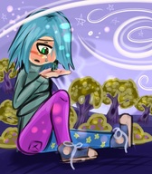 drawing gentle giantess color handheld blue_hair sitting sneakers sky mspaintgts looking_at_tiny eternity