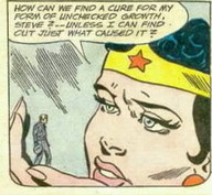 drawing giantess comic black_hair handheld shrunken_men shrunken_man captions wonder_woman tiara dc_comics concerned steve_trevor
