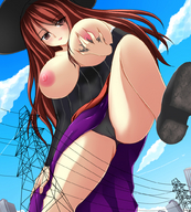 drawing nipples giantess panties upskirt color large_breasts long_hair buildings red_hair unknown_artist outdoors looking_at_viewer source_needed witch_hat dragons_crown sorceress_(dragons_crown)