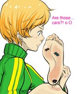 collage barefoot short_hair captions vehicle_crush no_background persona_4 persona carcrushlover chie_satonaka