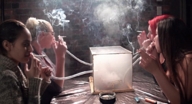 collage blonde multiple_giantesses glasses brunette red_hair smoking giantesses cigarette indoors suffocation