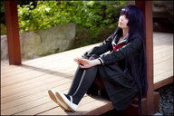 collage skirt purple_hair shoes sitting hand uniform nylons unaware shrunken_man dock