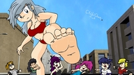drawing giantess blonde color swimsuit barefoot cleavage purple_hair pink_hair chibichan misery looking_down grey_hair darkainarts point_of_view raised_foot digital_render loretta