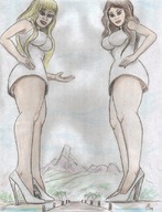 blonde multiple_giantesses high_heels brunette brown_eyes smiling giantesses nikko white_dress on_foot white_shoes pencil_drawn