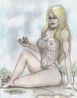 breasts drawing giantess blonde color long_hair handheld barefoot cleavage farm nikko trees see_through_lingerie proposal