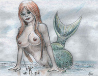 breasts nipples butt beach ocean mermaid red_hair belly pencil_drawing nikko looking_at_tiny