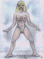 breasts drawing giantess blonde color looking_down outdoors nikko standing_over_village