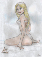 drawing giantess blonde long_hair swimsuit barefoot nipping sitting nikko no_background