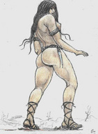 breasts nipples nude butt toes blood brunette sandals foot_crush pencil_drawing nikko ankles imminent_crush looking_at_tiny arm_braces