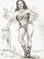 drawing giantess monochrome black_hair long_hair princess castle gladiator_sandals nikko barbarian