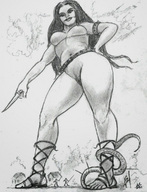 drawing giantess nude monochrome long_hair fighting gladiator_sandals nikko knife
