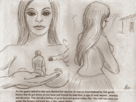 drawing gentle giantess monochrome long_hair topless story nikko