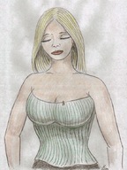drawing blonde long_hair cleavage shrunken_men shrunken_man nikko hanging_on