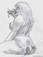 drawing giantess monochrome long_hair butt_crush topless bbw nikko imminent_vore