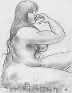 drawing nude vore city mega monochrome long_hair destruction butt_crush sitting bbw outdoors nikko mass_vore