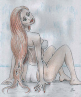drawing giantess color long_hair swimsuit climbing red_hair sitting nikko looking_back