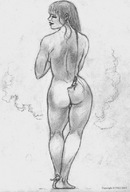 drawing giantess nude monochrome long_hair unaware nikko no_background man_in_peril