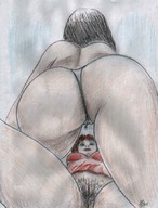 drawing pussy color butt brunette red_hair lesbians shrunken_man white_panties nikko shirt hanging_from_panties