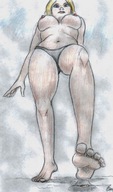 drawing giantess crush blonde long_hair barefoot topless nikko no_background impending_doom