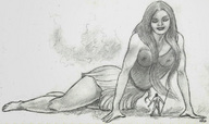 breasts drawing giantess small_man barefoot skirt legs nikko spear looking_at_tiny
