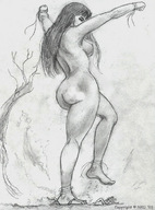 drawing giantess crush nude monochrome long_hair foot_crush nikko no_background impending_doom