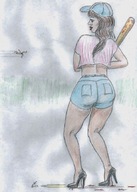 drawing giantess high_heels blood shorts cruel nikko baseball_cap baseball_bat
