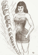 monochrome cleavage shrunken dress shrunken_man smoke pencil_drawing nikko magic_wand looking_at_tiny