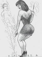 monochrome high_heels shrunken dress shrunken_men smoking smoke cigarette pencil_drawing nikko pointing_at_victim looking_at_tiny