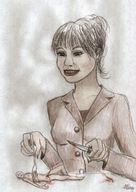 drawing color fork nikko knife business_suit imminent_vore no_background hair_bun