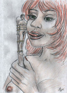 drawing small_man color tongue penis playful green_eyes red_hair bondage blowjob tongue_play nikko